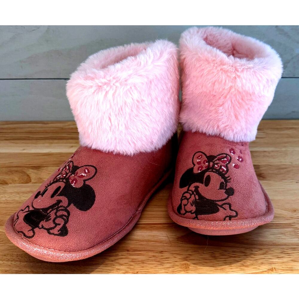 New Disney Minnie Mouse Slipper Boots Faux Suede & Fur Pink Size M (7-8)
